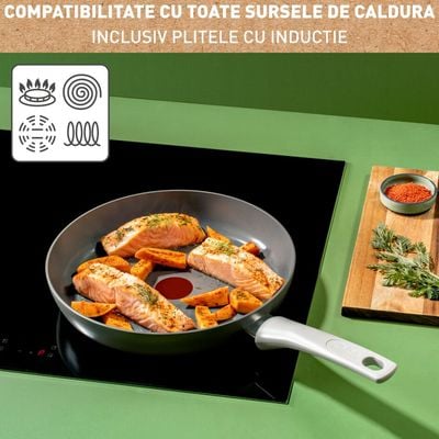 Tigaie 32 cm Tefal Renew On C4270832, 100% aluminiu reciclat, indicator Thermo-Signal, compatibil cu inductia, invelis ceramic,  gri