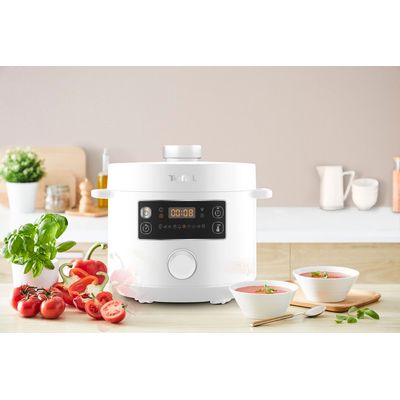 Multicooker cu gătire sub presiune Tefal Turbo Cuisine CY754130, aplicație dedicată My Tefal, 4.8L, 10 programe automate, Funcții inteligente, 12 sisteme de siguranță, accesorii, alb