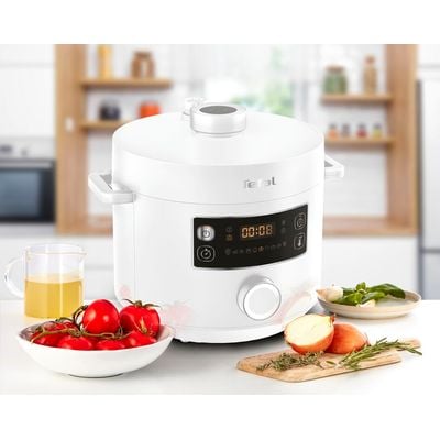 Multicooker cu gătire sub presiune Tefal Turbo Cuisine CY754130, aplicație dedicată My Tefal, 4.8L, 10 programe automate, Funcții inteligente, 12 sisteme de siguranță, accesorii, alb