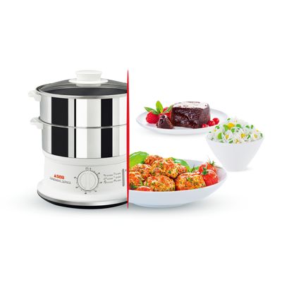 Aparat de gătit cu aburi Tefal Convenient Series VC145130, 2 vase, cronometru mecanic, 2 accesorii, 6 L, inox, alb