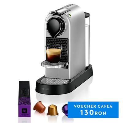 Espressor cu capsule Nespresso Krups CitiZ XN741B10, 1260W, 19 bari, recipient apa detasabil 1l, oprire automata, argintiu