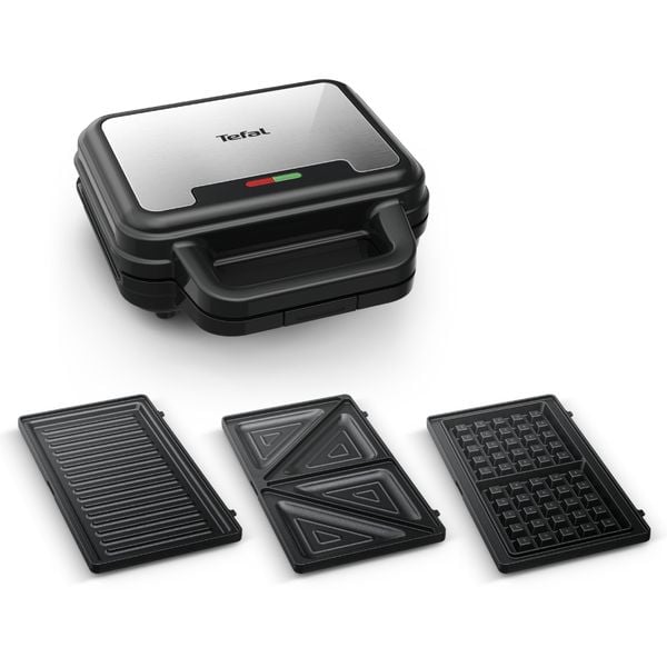 Sandwich maker multifuncțional Tefal UltraCompact 3 &icirc;n 1 SW383D10, 700W, 3 plăci detașabile pentru sandwich-uri, panini și gofre, negru & argintiu