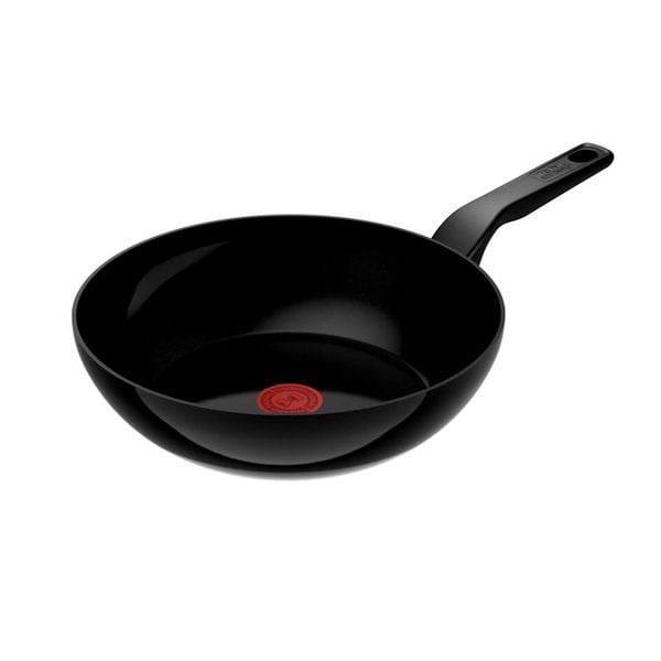Tigaie wok Tefal Renew de 28 cm C4321923, 100% aluminiu reciclat, indicator Thermo-Signal, compatibil cu inducția, &icirc;nveliș ceramic, negru