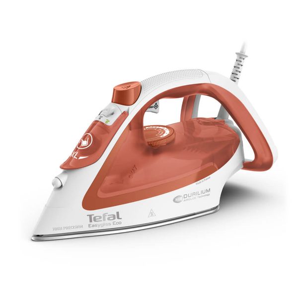Fier de călcat cu abur Tefal EasyGliss Eco FV5782E0, 2800W, jet de aburi 260 g/min, abur variabil 50 g/min, rezervor apa 270 ml, talpa Durilium Airglide, mod Eco, alb & portocaliu