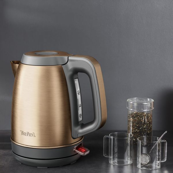 Fierbător apă Tefal Coppertinto KI280G10, 2400W, 1.7L, filtru anticalcar, inox, indicator nivel apă, bază rotativă 360&deg;, negru & maro