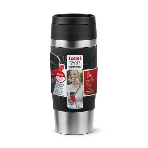 Termos Tefal Travel Mug Classic N2020210, inox, 0.36 L, 100% etanș, functie Quick Press, argintiu & negru