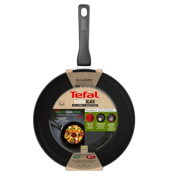 Tigaie wok Tefal Renew de 28 cm C4321923, 100% aluminiu reciclat, indicator Thermo-Signal, compatibil cu inducția, &icirc;nveliș ceramic, negru