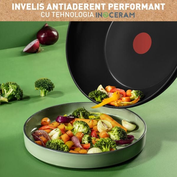 Tigaie wok Tefal Renew de 28 cm C4321923, 100% aluminiu reciclat, indicator Thermo-Signal, compatibil cu inducția, înveliș ceramic, negru