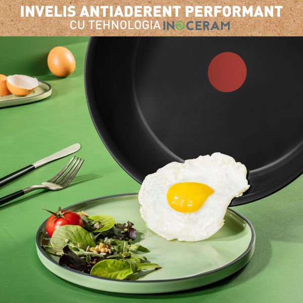 Tigaie Tefal Renew de 20 cm C4320223, 100% aluminiu reciclat, indicator Thermo-Signal, compatibil cu inducția, înveliș ceramic, negru