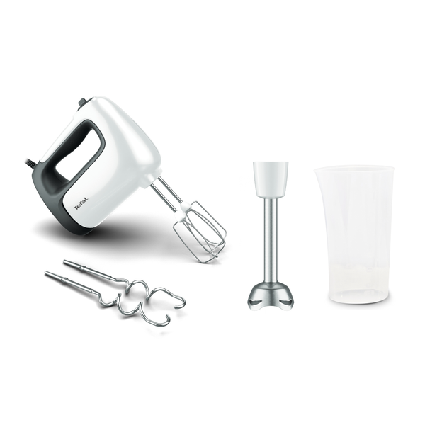 Mixer de m&acirc;nă Prep'Mix HT462138, 500 W, 5 trepte de viteză, funcție Turbo, 2 teluri, 2 c&acirc;rlige, picior pasator, pahar gradat, alb