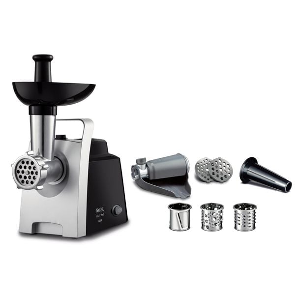 Mașină de tocat carne HV 7 &icirc;n 1 NE109838, 1400 W,  2 site inox, 3 conuri feliere și radere, 2 accesorii roșii și c&acirc;rnați, funcția Reverse, negru