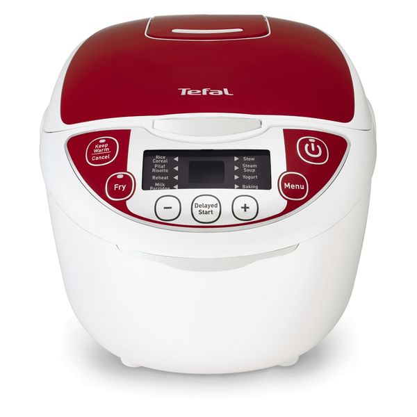 Multicooker TEFAL Fuzzy RK705138, 750 W, 12 funcții, tehnologia Fuzzy Logic Artificial Intelligence, 6 moduri de gătit, pornire programabilă, 6 accesorii, 5 L, roșu / alb