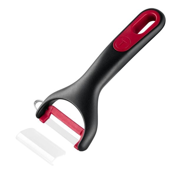 Accesoriu pentru decojit legume si fructe Tefal Ingenio K1992134, lama rotativa, inox, capac de protectie, negru & rosu