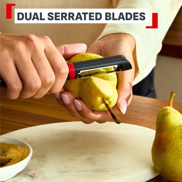 Accesoriu pentru decojit legume si fructe Tefal Ingenio K1994034, lama zimtata, inox, capac de protectie, negru & rosu