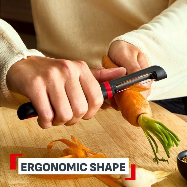 Accesoriu pentru decojit legume si fructe Tefal Ingenio K1994034, lama zimtata, inox, capac de protectie, negru & rosu