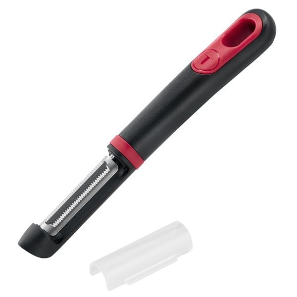 Accesoriu pentru decojit legume si fructe Tefal Ingenio K1994034, lama zimtata, inox, capac de protectie, negru & rosu