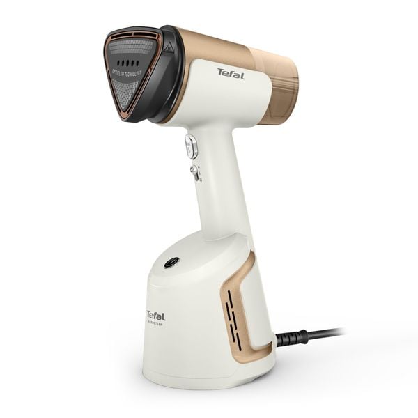 Aparat de călcat vertical cu abur Tefal AeroSteam DT9820F0, 1400W, funcție de aspirare cu 3 niveluri, recipient apă detașabil 130 ml, autonomie 7 minute, talpă monotemp, alb & auriu