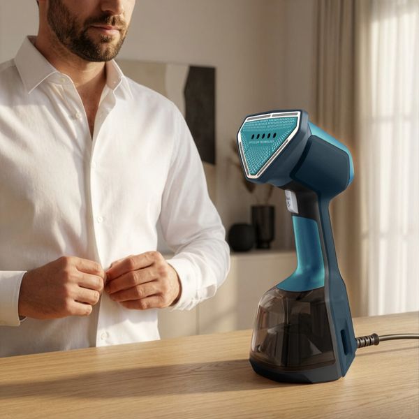 Aparat de calcat vertical cu abur Tefal AeroSteam Elite DT9920F0, 1400 W, abur variabil 0-20 g/min, aspirare 360°, 3 moduri, rezervor apa 200 ml, autonomie pana la 16 min, tehnologie OptiFlow, functie 2 in 1, talpa ceramica, albastru