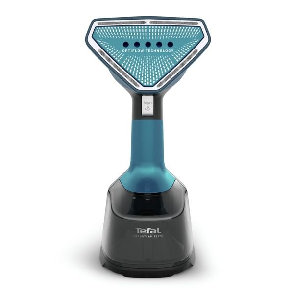 Aparat de calcat vertical cu abur Tefal AeroSteam Elite DT9920F0, 1400 W, abur variabil 0-20 g/min, aspirare 360°, 3 moduri, rezervor apa 200 ml, autonomie pana la 16 min, tehnologie OptiFlow, functie 2 in 1, talpa ceramica, albastru