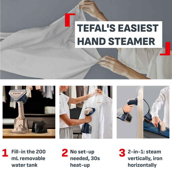 Aparat de calcat vertical cu abur Tefal AeroSteam Elite DT9620F0, 1400 W, abur variabil 0 - 20 g/min, 3 niveluri aspirare, recipient apa detasabil 200 ml, autonomie pana la 16 min, tehnologie OptiFlow, functie 2 in 1, albastru & crem