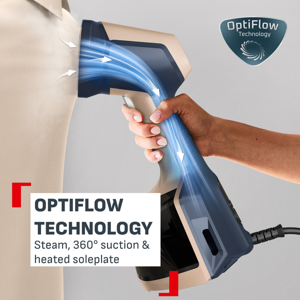 Aparat de calcat vertical cu abur Tefal AeroSteam Elite DT9620F0, 1400 W, abur variabil 0 - 20 g/min, 3 niveluri aspirare, recipient apa detasabil 200 ml, autonomie pana la 16 min, tehnologie OptiFlow, functie 2 in 1, albastru & crem