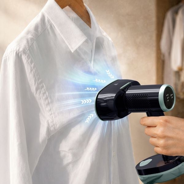 Aparat de calcat vertical cu abur Tefal AeroSteam S DT9314E0, 1300 W, abur variabil 0 - 20 g/min, aspirare 360°, 3 moduri, recipient apa 150 ml, autonomie pana la 12 min, tehnologie OptiFlow, talpa ceramica, negru & verde