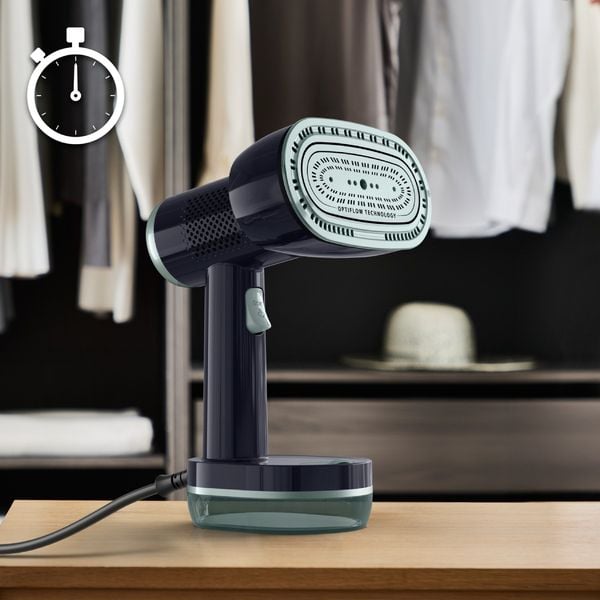 Aparat de calcat vertical cu abur Tefal AeroSteam S DT9314E0, 1300 W, abur variabil 0 - 20 g/min, aspirare 360°, 3 moduri, recipient apa 150 ml, autonomie pana la 12 min, tehnologie OptiFlow, talpa ceramica, negru & verde