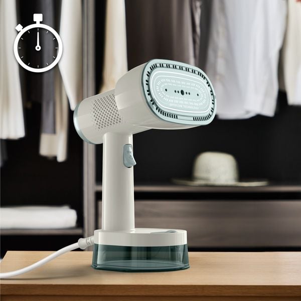 Aparat de calcat vertical cu abur Tefal AeroSteam S DT9322E0, 1500 W, abur variabil 0 - 20 g/min, 3 moduri, recipient apa 180 ml, autonomie pana la 14 min, tehnologie OptiFlow, talpa ceramica, albastru & verde