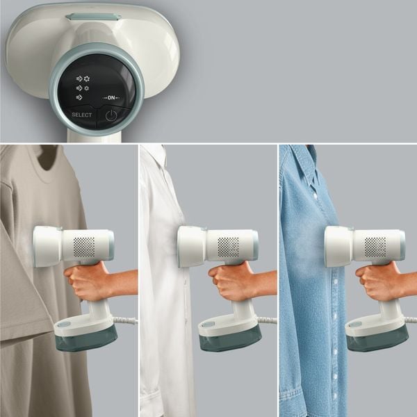 Aparat de calcat vertical cu abur Tefal AeroSteam S DT9322E0, 1500 W, abur variabil 0 - 20 g/min, 3 moduri, recipient apa 180 ml, autonomie pana la 14 min, tehnologie OptiFlow, talpa ceramica, albastru & verde