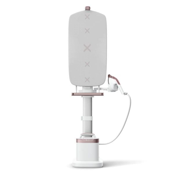 Aparat de călcat vertical cu abur Tefal Ixeo Vision QT1811E0, 2200 W, jet de abur 200 g/min, abur variabil 80 g/min, 1,4 L, masă de călcat integrată, oprire automată, alb & roz