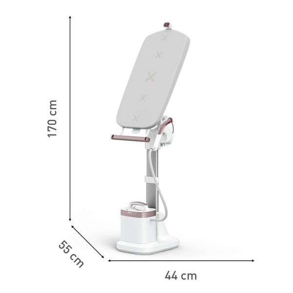 Aparat de călcat vertical cu abur Tefal Ixeo Vision QT1811E0, 2200 W, jet de abur 200 g/min, abur variabil 80 g/min, 1,4 L, masă de călcat integrată, oprire automată, alb & roz