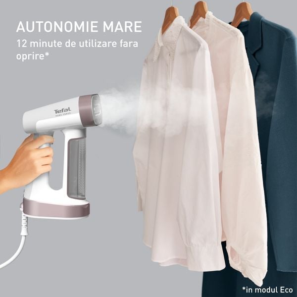 Aparat de călcat vertical cu abur 2 &icirc;n 1 Tefal Pure Force DT8720E0, 1800W, jet abur 90 g/min, 4 trepte abur, mod Eco, alb & gri