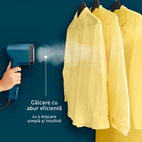 Aparat de călcat vertical Tefal Pure Pop DT2020E1, 1300W, abur variabil 0 - 20g/min, rezervor apa 70ml, auto-off, sistem cu pad reversibil, incalzire in 15s, albastru