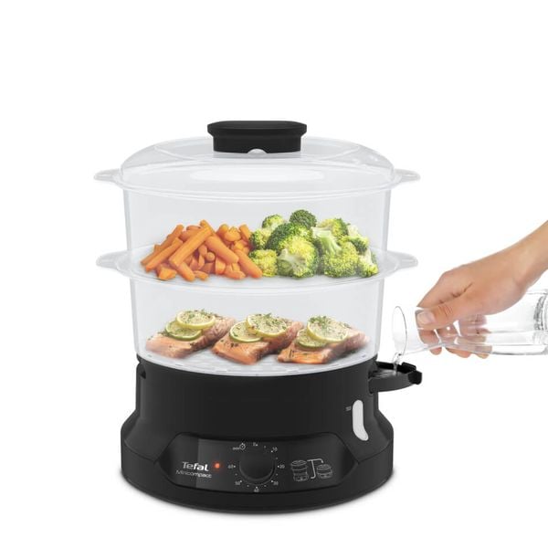Aparat de gatit cu aburi Tefal MiniCompact VC139810, 800W, capacitate 6L, preparare 2 retete simultan, 2 compartimente, timer 60 minute, indicator nivel apa, negru