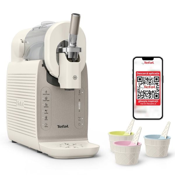 Aparat de inghetata Tefal Freezi IG801AE0, 200 W, 2 L, 5 programe automate, 16 preparate presetate, tehnologie Ultra Quiet, pentru inghetata soft, slushi, sorbet si cocktailuri, set pentru servire inclus, crem