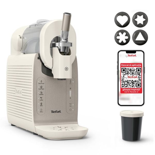 Aparat de inghetata Tefal Freezi IG803AE0, 200 W, 2 L, 5 programe automate, 16 preparate presetate, tehnologie Ultra Quiet, pentru inghetata soft, slushi, sorbet si cocktailuri, set forme inghetata inclus, crem