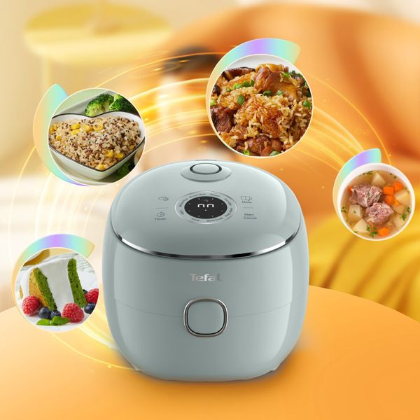 Aparat multifunctional de gatit orez Tefal Pop RK5354E0, 350 W, capacitate 0.7 L, 8 programe, tehnologie digitala, functie mentinere la cald, design compact, verde