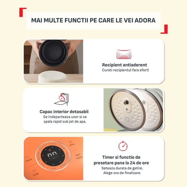 Aparat multifunctional de gatit orez Tefal Pop RK535TE0, 350 W, capacitate 0.7 L, 8 programe, tehnologie digitala, functie mentinere la cald, design compact, portocaliu