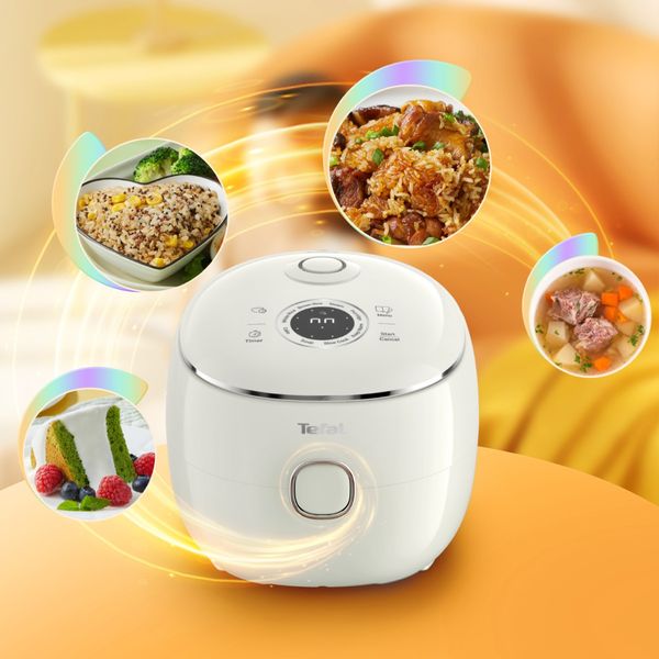 Aparat multifunctional de gatit orez Tefal Pop RK535AE0, 350 W, capacitate 0.7 L, 8 programe, tehnologie digitala, functie mentinere la cald, design compact, alb