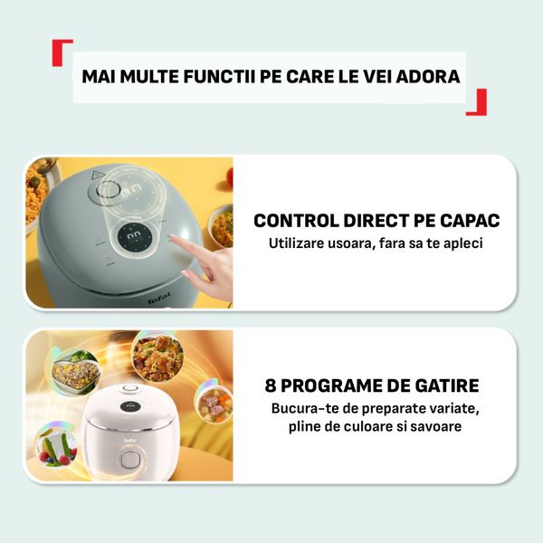 Aparat multifunctional de gatit orez Tefal Pop RK535AE0, 350 W, capacitate 0.7 L, 8 programe, tehnologie digitala, functie mentinere la cald, design compact, alb