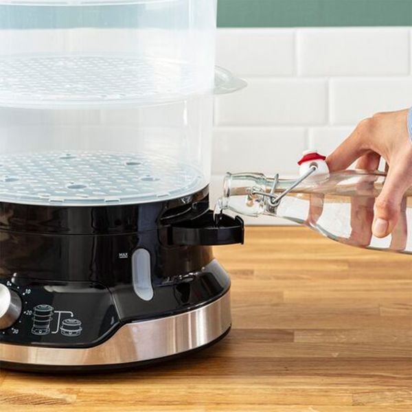 Aparat de gătit cu aburi Tefal Ultracompact Steam Cooker VC204810, 3 vase, cronometru manual, 1 accesoriu, 9 L, negru
