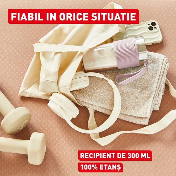 Blender portabil Tefal Lightmix BL1C07F0, 300 ml, 20.000 rpm, 2 lame, acumulator 1200 mAh, pana la 11 cicluri pe incarcare, rezultate in 40 secunde, greutate 510 g, cablu incarcare inclus, roz