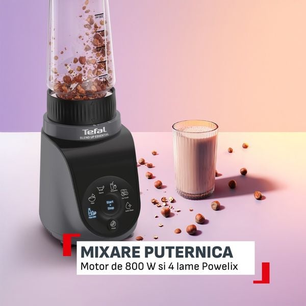 Blender Tefal Blend Up Essential BL1EHBF0, 800 W, 0.6 L, tehnologie Powelix, 4 lame inox, 6 programe automate, functie autocuratare, negru