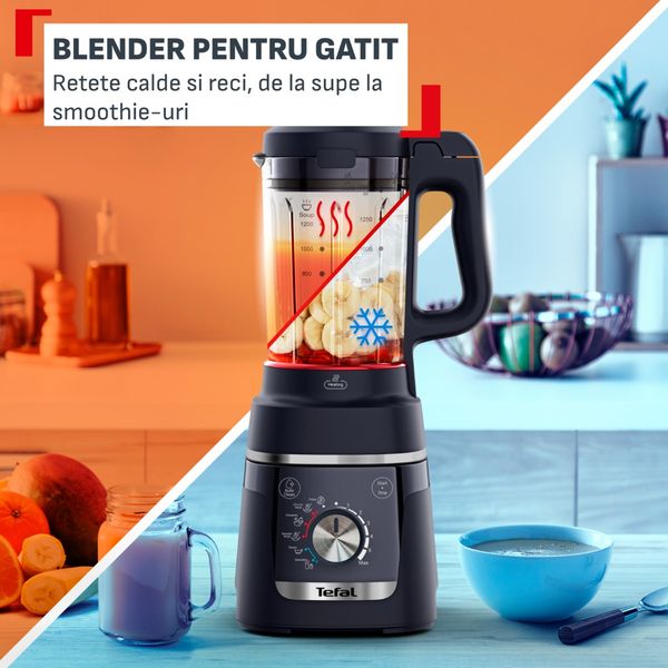 Blender Tefal Blendforce Cook BL5768F0, 1000 W, 1.75 L, 6 programe, tehnologie Powelix, functie de gatire, 6 lame inox, negru