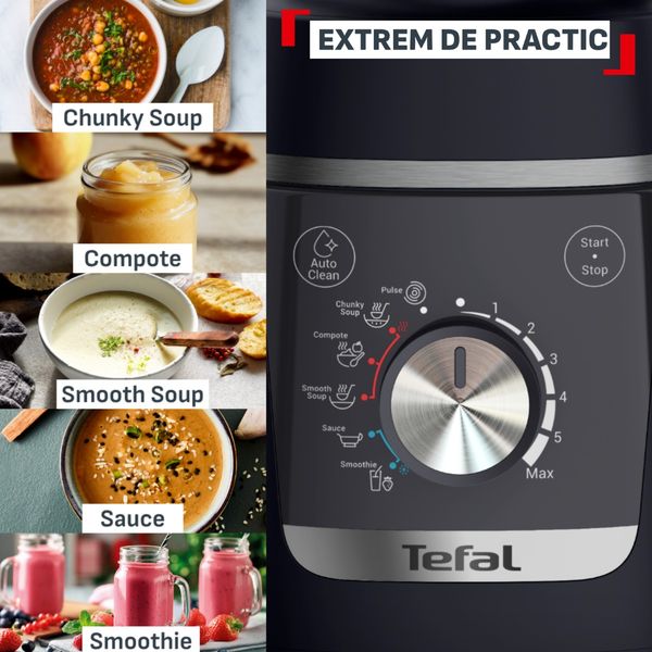 Blender Tefal Blendforce Cook BL5768F0, 1000 W, 1.75 L, 6 programe, tehnologie Powelix, functie de gatire, 6 lame inox, negru