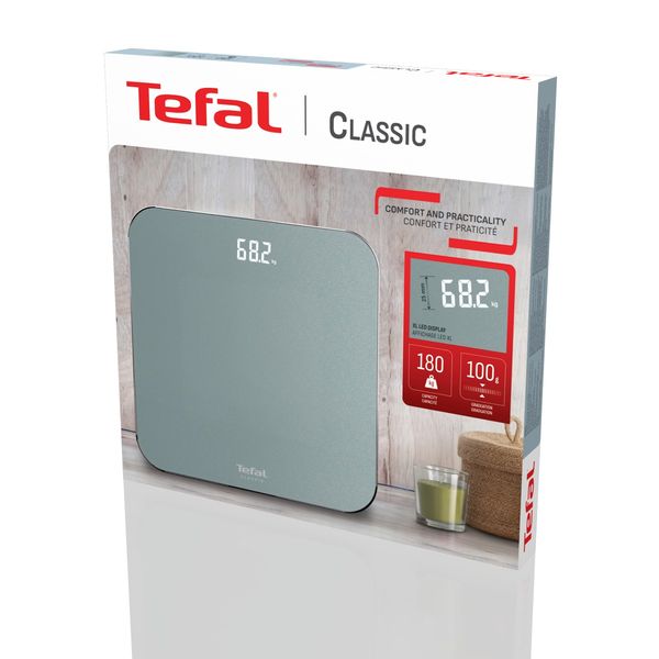 C&acirc;ntar de baie Tefal Classic PP1903V0, 180 KG, gradații la 100 g, 31 x 31 cm, sticlă, gri