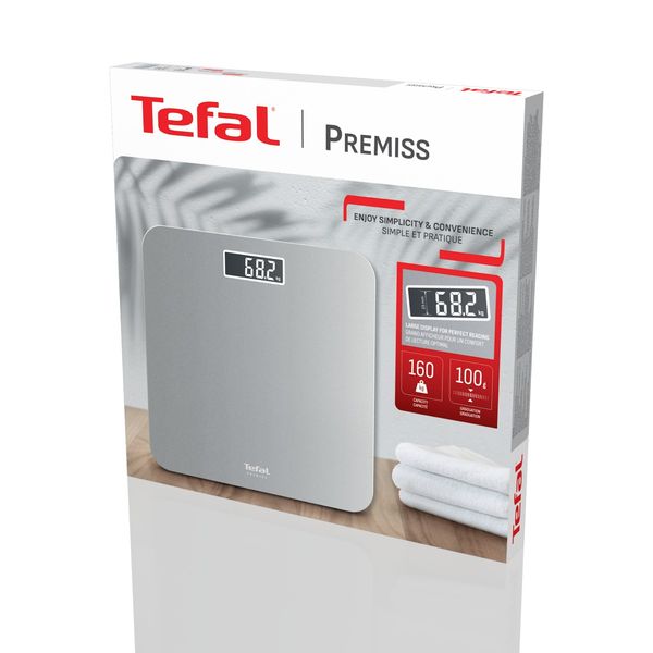 C&acirc;ntar de baie Tefal Premiss PP1801V0, 160 kg, gradații la 100 g, 30 x 30 cm, sticlă, baterii incluse, argintiu