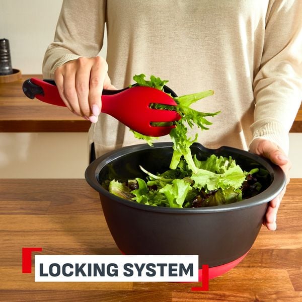 Cleste pentru salata Tefal Ingenio+ K1991434, plastic, sistem de blocare, design stivuibil, compatibilitate cu masina de spalat vase, negru & rosu