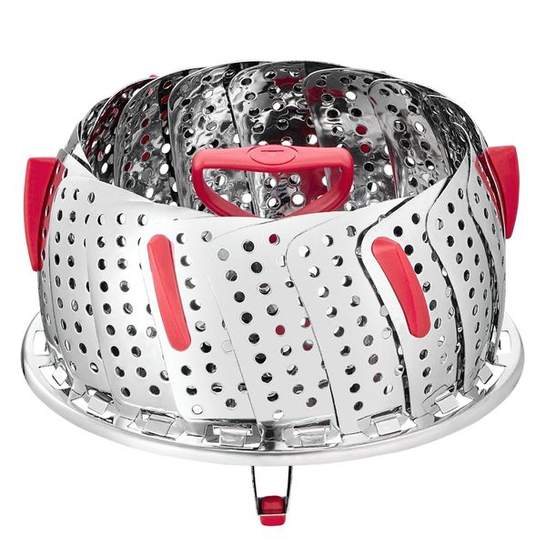 Cos pentru gatit la aburi Tefal Ingenio+ K1993034, inox, diametru reglabil, compatibilitate cu masina de spalat vase, argintiu & rosu
