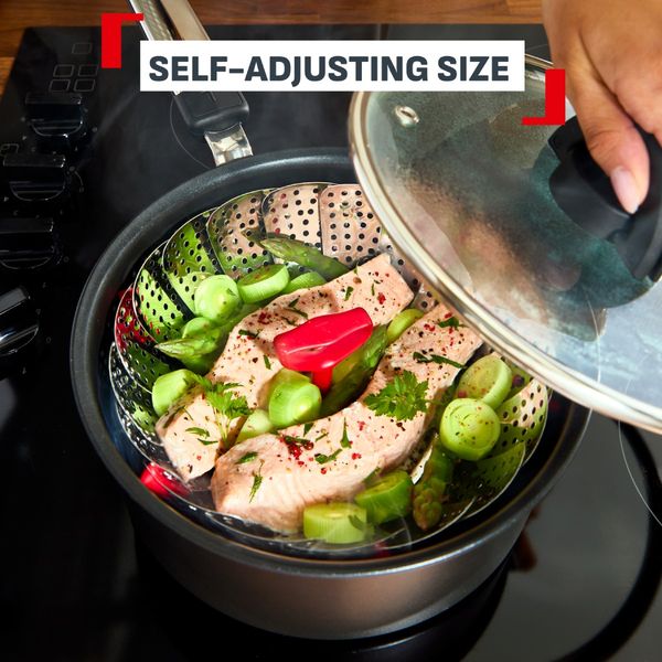 Cos pentru gatit la aburi Tefal Ingenio+ K1993034, inox, diametru reglabil, compatibilitate cu masina de spalat vase, argintiu & rosu